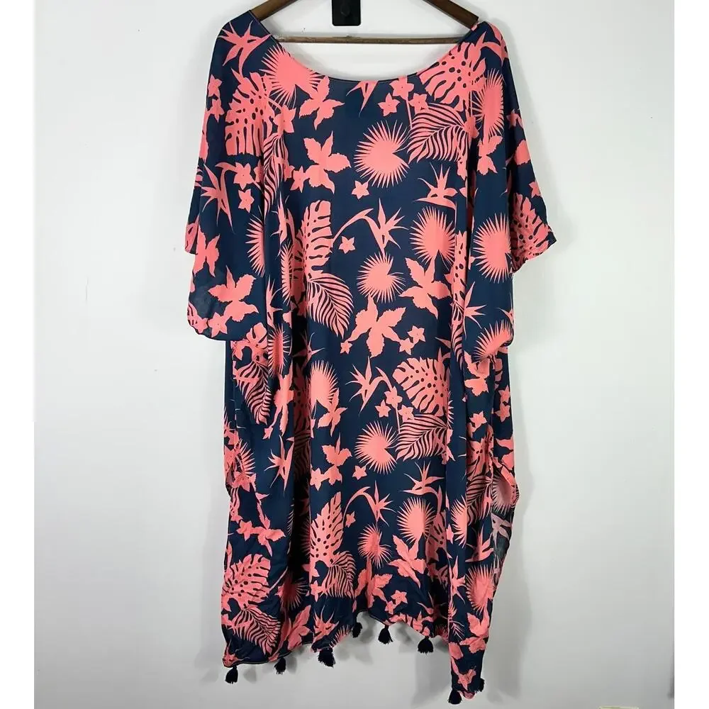 Salt Life Kimono Cover Up Womens OSFM Pink Navy Tropical Floral Tassel‎ Beach